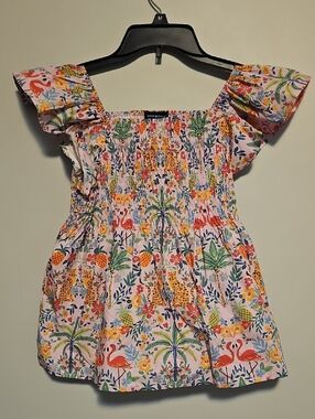 Andy & Evan Pink Tropical Smocked Top w Multicolor Flamingo Cheetah Floral Print